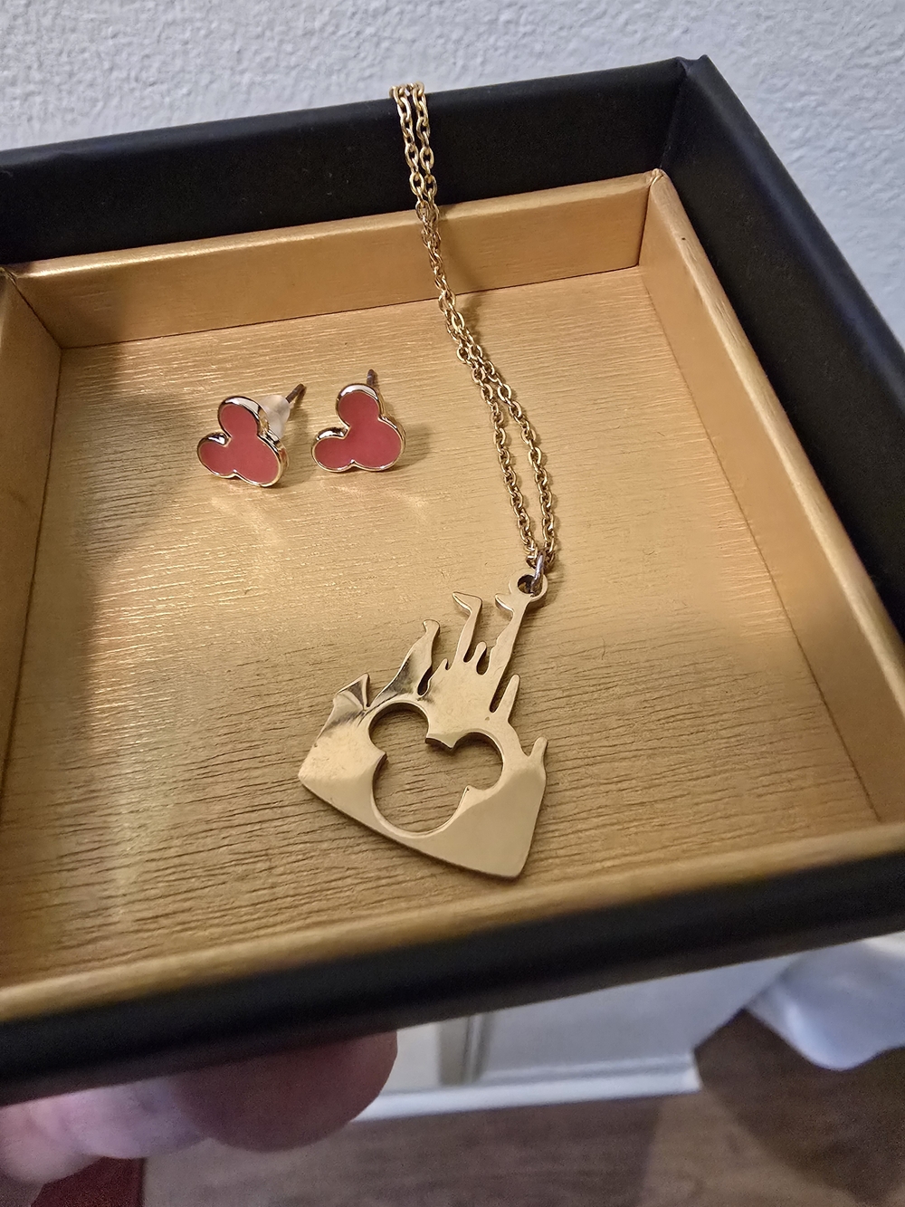 Disney Gold-Tone Flame Heart Pendant Necklace with Pink Mickey Studs